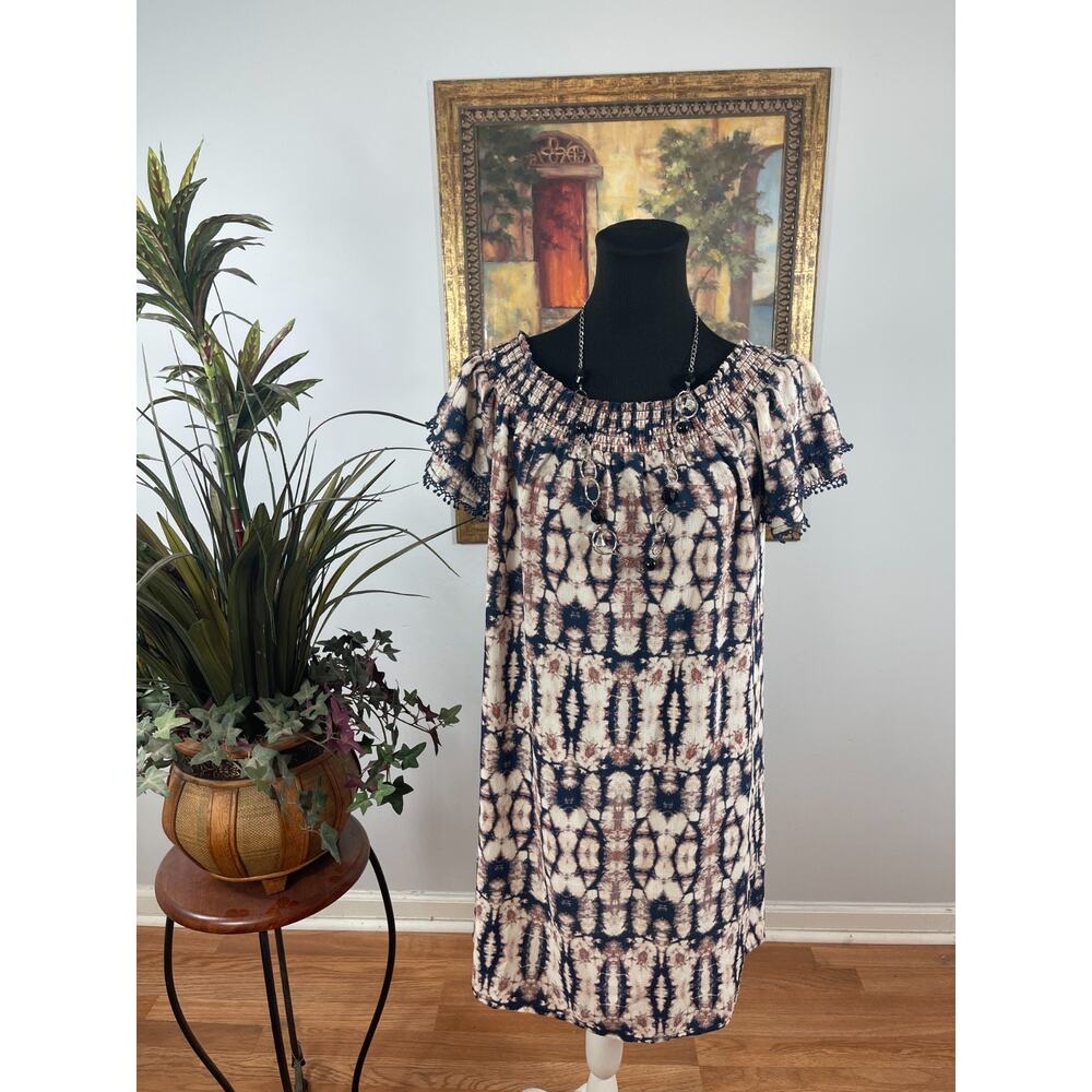 Xhilaration Shift Dress Women's Medium Beige Tie Dye Peasant Coastal Boho Chic‎
